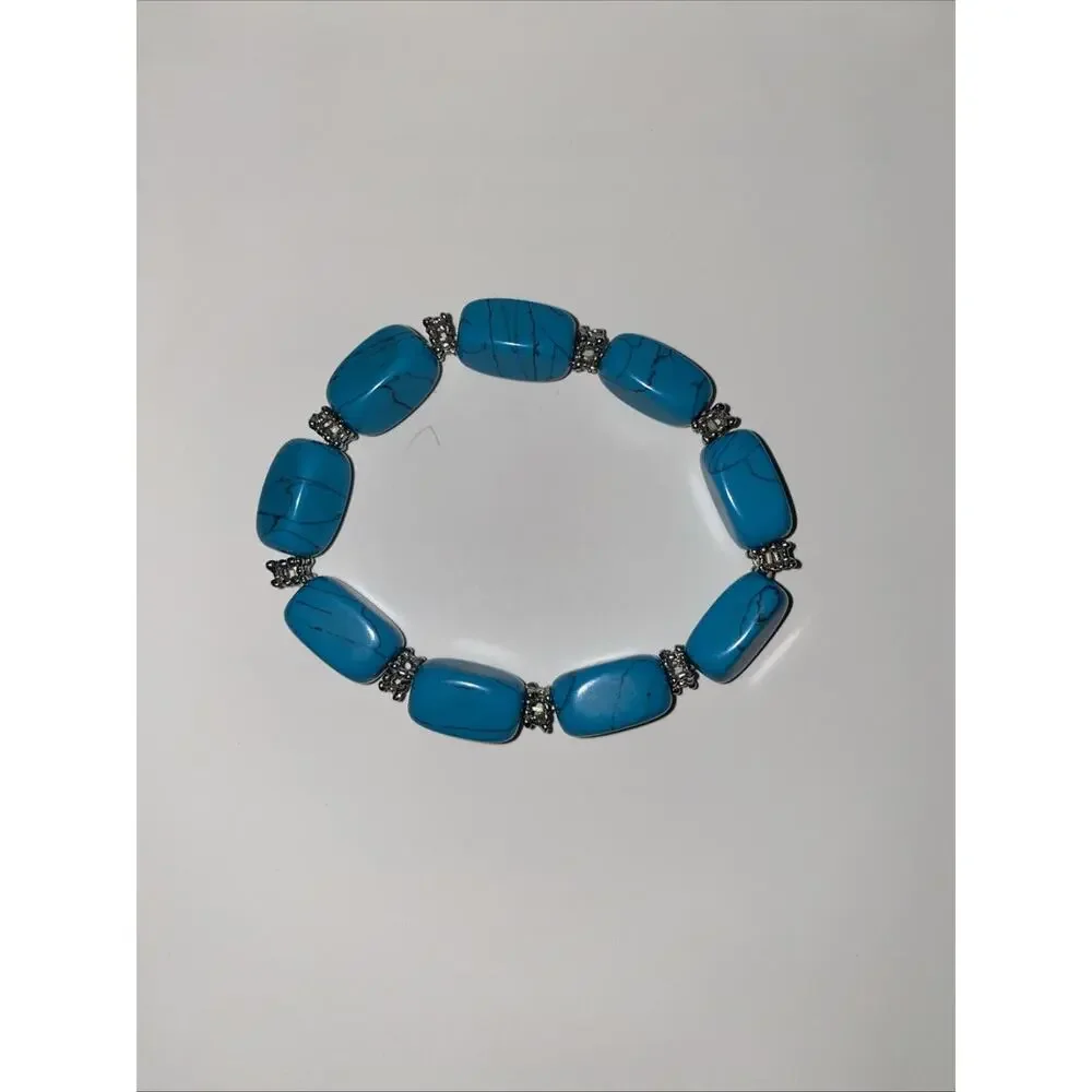 Howlite Turquoise Blue Bead Silver Tone 15” Necklace & 7” Stretch Bracelet Set